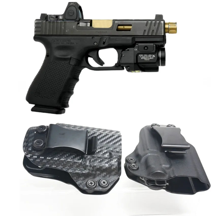 Glock 19/19x/23/32/45 (Gen 3/4/5) IWB / OWB Universal Holster with Streamlight TLR-8 TLR-8A pocket. Carbon fiber or Kydex options for right or left hand carry. Tilt and retention adjustments available.