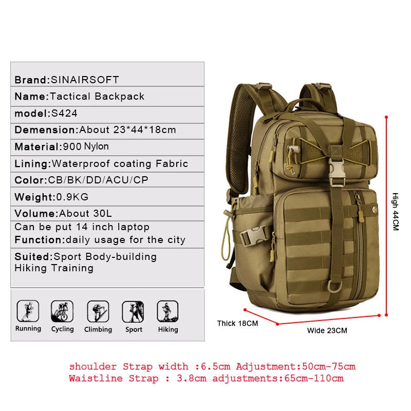 Tactical Waterproof Military Style Backpack For Outdoors & Hiking