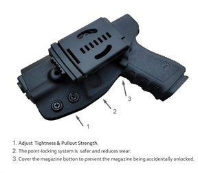 OWB Kydex Holster Fit: Glock 17 19 19x 44 45 26 (Gen 1-5) / Glock 22 23 25 27 31 32 33 30s (Gen 3-4) - Outside Waistband Carry 1.5-2 Inch Belt Clip - Adj. Width Height Retention Cant, Entrance Widened