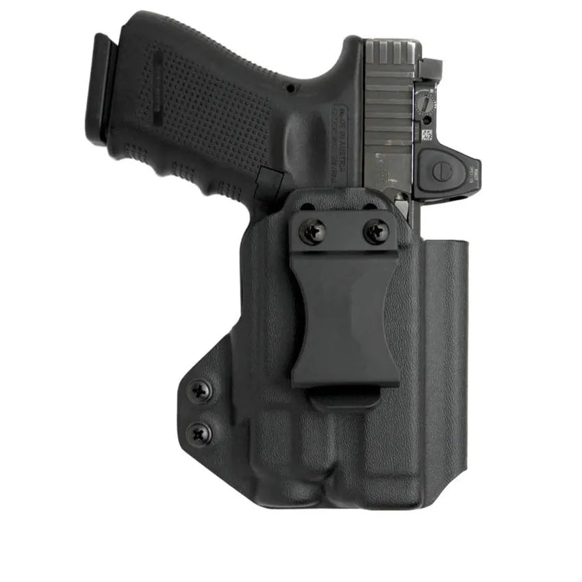 Glock 19/19x/23/32/45 (Gen 3/4/5) IWB / OWB Universal Holster with Streamlight TLR-8 TLR-8A pocket. Carbon fiber or Kydex options for right or left hand carry. Tilt and retention adjustments available.