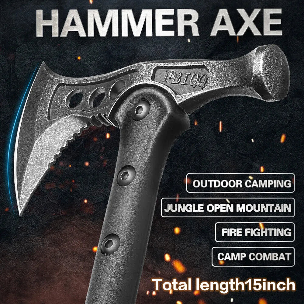 40cm Camping Axe Tomahawk with Nylon Sheath, Tactical and Survival Hatchet with Hammer for Axe Throwing, Outdoor Camping Hiking and Chopping Wood