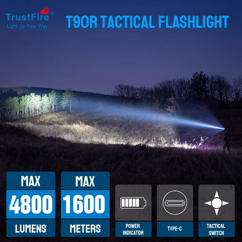 High Power 4800 Lumens LED Hunting Flashlight, Long Range bright Rechargeable Tactical TrustFire T90R Kit Flashlight 1600 Meters Super Bright Waterproof for Hunting Search and Rescue