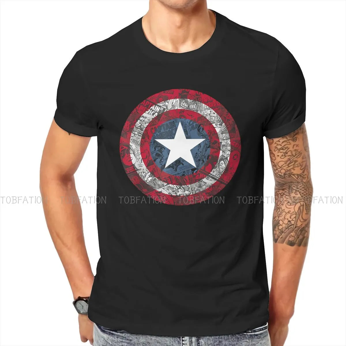 Marvel Comics Vintage Captain America Patriot Poster T-Shirt Men's Fresh T-Shirt, American Made Graphic Tee, Patriotic, USA & Freedom Style Shirt Marvel Comics Retro Classic Captain America Shield Costume T-Shirt