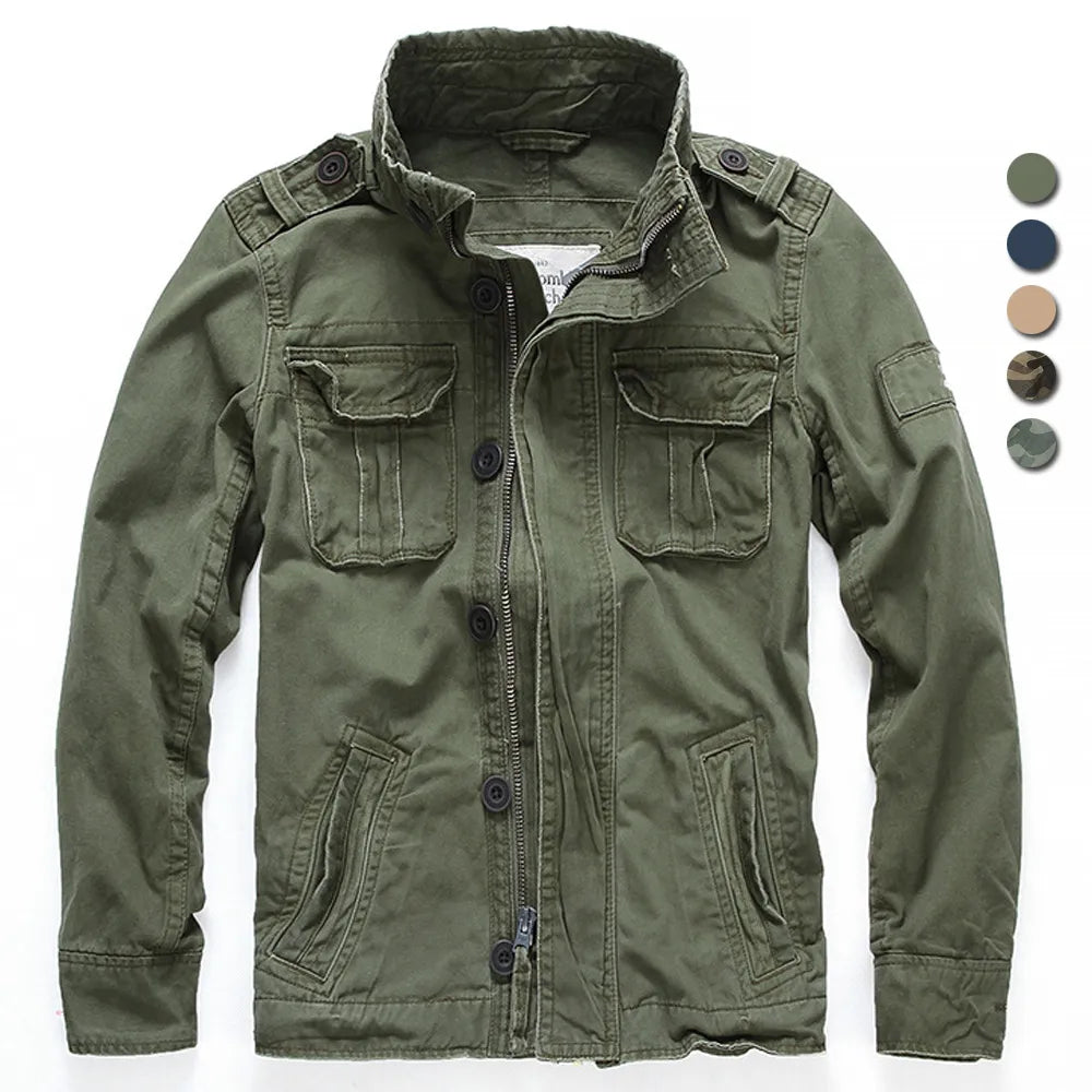 Men's Washed Cotton Military Jacket Cargo Jacket Regular and Large Sizes Men's Spring Canvas Military Style Jacket Casual Lightweight Cotton Coat